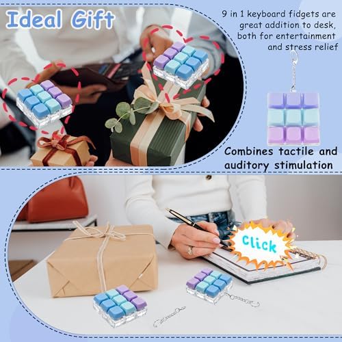 Keyboard Fidget Toy, Keyboard Fidget Keychain 9-in-1 Keyboard Decompression Button Finger Clicker Toys Stress Relief Fidget Gifts (3 Colors- Blue Purple)