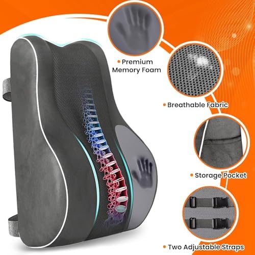 CloudBliss Lumbar Support Pillow, Memory Foam for Office, Standard, Gray