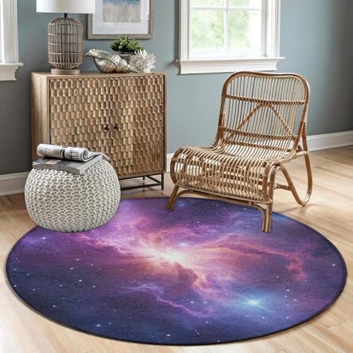 Large Home Decor Mat, Soft Round Yoga Carpet, Non Slip Machine Washable Kitchen Office Circle Rug Purple Blue Galaxy Space