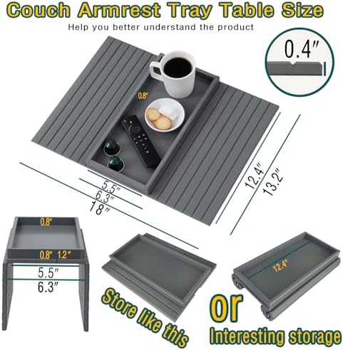 Bamboo Couch Arm Tray Table，Foldable Sofa Armrest Tray Table for Couch，Flexible and Anti-Slip Couch Arm Cup Holder，Portable Sofa Arm Chair Table for Drink,Cups, Eats，Snacks, Phone, Remote (Gray)