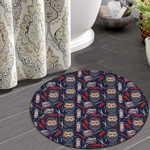 Soft Round Yoga Carpet, Large Home Decor Mat, Non Slip Machine Washable Kitchen Office Circle Rug American Barber Shop Tools, 24inch