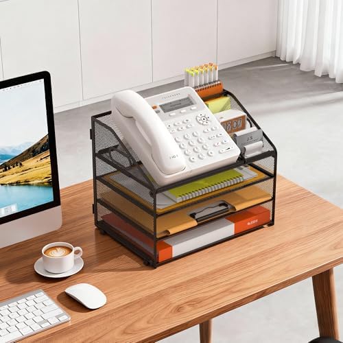 DocNest 4 Tier Metal Mesh Desk File Organizer with Phone Shelf, Black