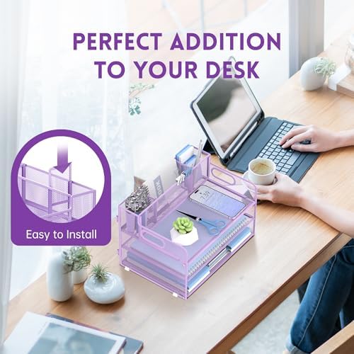 3-Tier Desk Organizer with Pen Holder and Handles, Paper Organizer, Purple