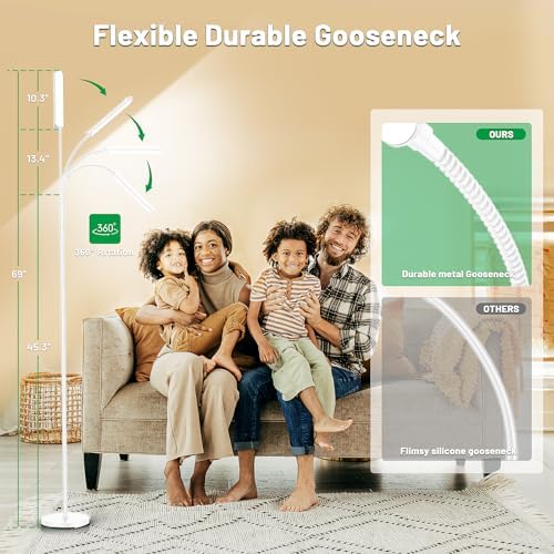 Yikuneng Dimmable LED Floor Lamp, Super Bright Reading Lamps Floor Standing Lamp with Remote & Touch Control, Stepless Dimming & 2700K-6500K Color Temperature, for Living Room Bedroom Office, White