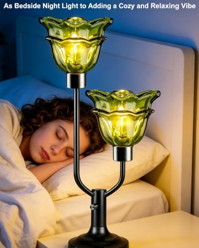 Mid Century Modern Flower Green Table Lamp for Living Room Dimmable