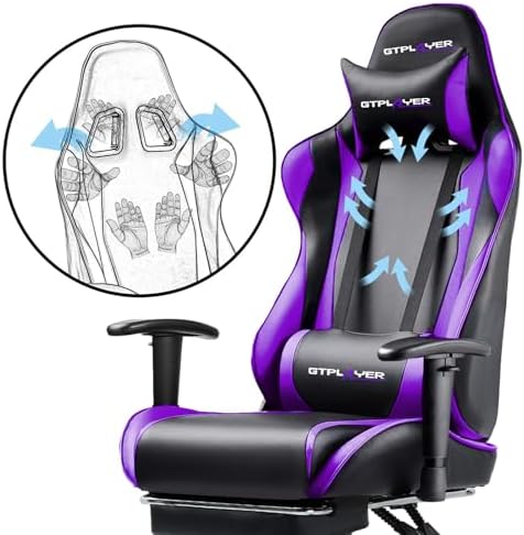 GTPLAYER Gaming Chair with Footrest, Ergonomic Computer Game Desk Chair, Reclining Gamer Chair Seat Height Adjustment, Swivel Rocker with Headrest and Lumbar, Purple
