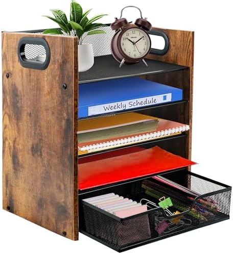 Desk Organizer, 5-Tier Desktop File Organizer with Drawer, Wooden Paper Tray Organizer, Office Desk Organzier and Accessories for Papers, Mail, Notebooks, Stationery
