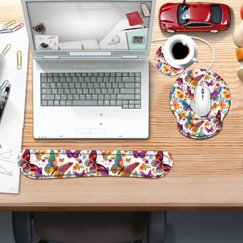 Keyboard Wrist Rest and Mouse Pad Wrist Support Set with Coaster,Ergonomic Mouse Pad,Comfortable for Easy Typing, Pain Relief,Memory Foam Keyboard Pad Set for Laptop Mac,Colorful Butterfly and Flower