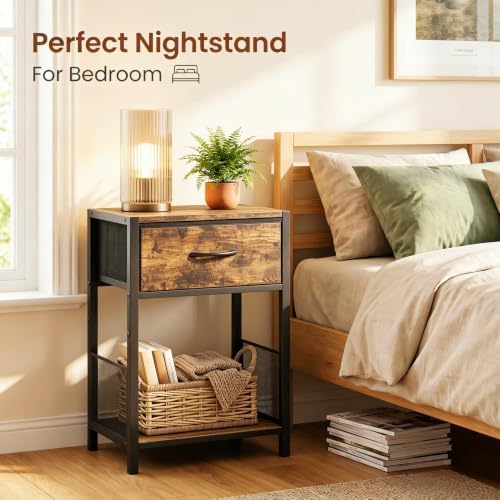 Night stand Set of 2 with Fabric Drawer, Rustic Brown Bedside Table