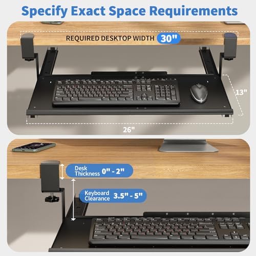 Keyboard Tray Under Desk - Full Metal Slide Out Holder, Rust-Resistant & Scratch-Proof, Double C-Clamps, 26x13" Tray for L Shape/Regular Desks, Standing/Sitting Workstation(Black-B)