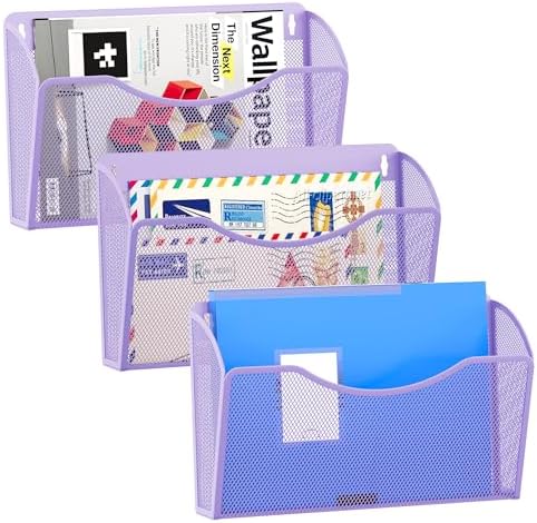 EasyPAG 3 Pack Wall File Organizer, Metal Mesh Hanging File Folder Holder for Letter/A4 Size Folders, Vertical Wall Mount Mail Sorter for Office Paperwork, Classroom, Purple