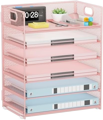 Pink Paper Organizer for Desk with Handle, 6-Tier