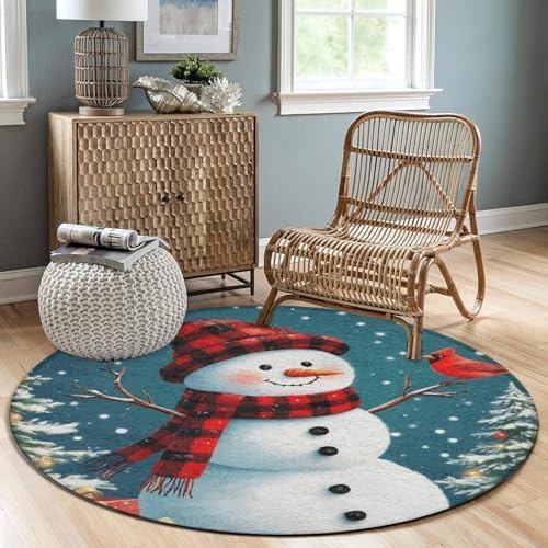 Soft Round Yoga Carpet, Office Chair Decor Round Mat for Carpet and Hardwood Floors Christmas Snowman