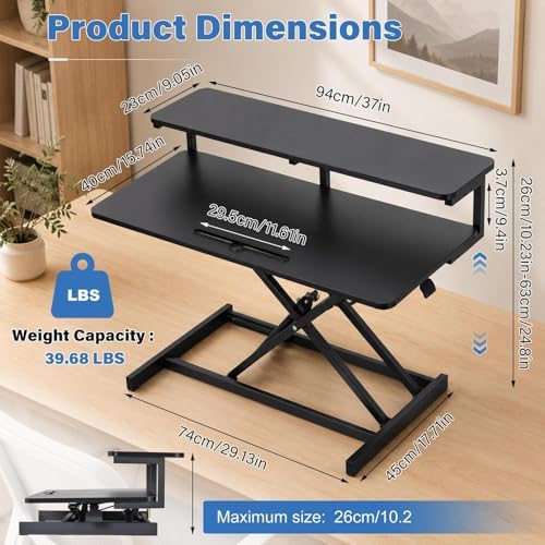 37" Height Adjustable Standing Desk Converter, 4.9" to18.5 Height Adjustable Sit Stand Up Desk Riser with Secondary Desks, Desktop Workstation Riser for Home Office Computer Laptop, Black
