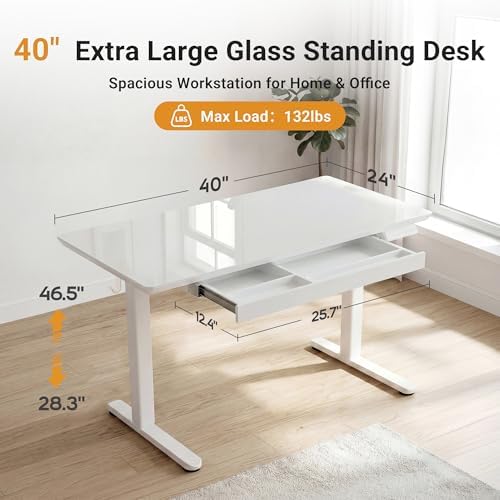 YDN Glass Standing Desk with Drawers 40x24 Inch Super White