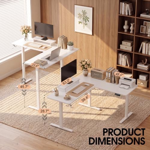 Furmax 63 x 48 Inch L Shaped Standing Desk with 2 Preset Heights, Electric Height Adjustable Computer Table, 2 Hooks & Feet Balance, Corner Sit Stand Desk for Home Office (White, 63 x 48 Inch)