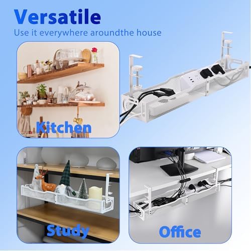 Under Desk Cable Management Box 25.3 Inch – Clamp-Mounted Cable Organizer Tray, Large Cord Management Box for Office & Home, Wire Organizer Under Desk Storage, White