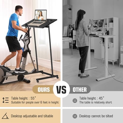 Eocnrhe Treadmill Desk, Mobile Small Standing Desk with Wheels for Walking Pad, Portable Table for Laptop, Rolling Table Adjustable Height, Bedside Table，Black