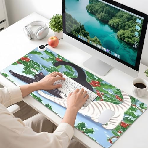 Cat Stretching Heated Mouse Pad Gaming Mouse Pad Waterproof PU Leather Mat Keep Your Hand Foot Warmer, 3 Heat Levels & Auto Shut-Off for Home Office 13x31.5 in