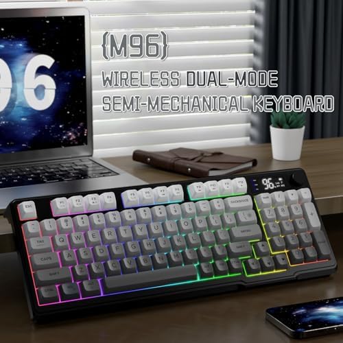 LexonElec M96 Wireless Keyboard, Low Profile Quiet Typing Membrane Gaming Keyboard with Smart Display & Knob, RGB Backlit, USB C Rechargeable, 94 Keys PBT Keycap for Windows PC,Mac,Linux-Moonlit Night