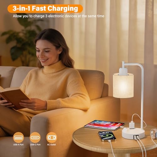 SIBRILLE Industrial Table Lamps with Linen Shade, Set of 2 Fully Dimmable Bedside Lamps with USB A+C Ports and Outlet, White Nightstand Desk Lamps for Bedrooms Living Room Office, 2 LED Bulbs Included