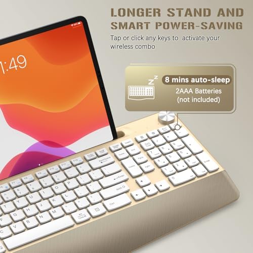 GAMCATZ Ergonomic Wireless Keyboard with Wrist Rest-Low-Profile,Phone/Tablet Holder,Quiet Design，Windows & Mac OS,Cordless USB Computer Keyboard for Desktop,Laptop, PC, Mac, Windows-Gold White