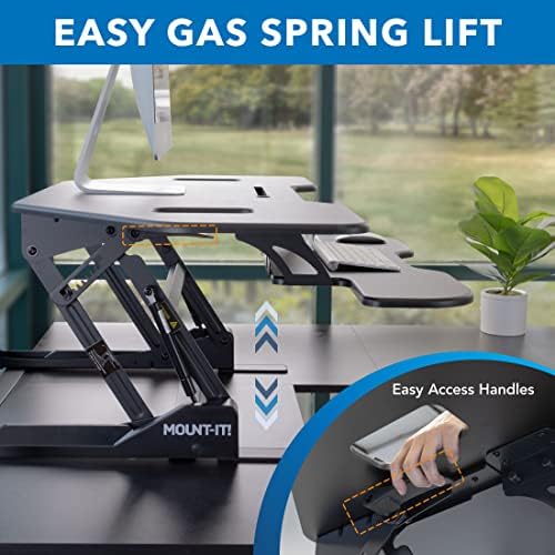 Mount-It! Corner Standing Desk Converter | Height Adjustable 43” Wide Desktop | Corner Stand Up Desk with Gas Spring Handle | Stand Up Computer Workstation with Ergonomic Keyboard Tray | Black