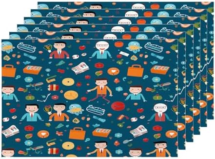 Shrahala Businessmen Items Work Set of 6 12 X 18 Inch Linen Placemats, Professional Office Illustration Burlap Table Mat Washable Double Layered Heat Insulation for Indoor/Outdoor