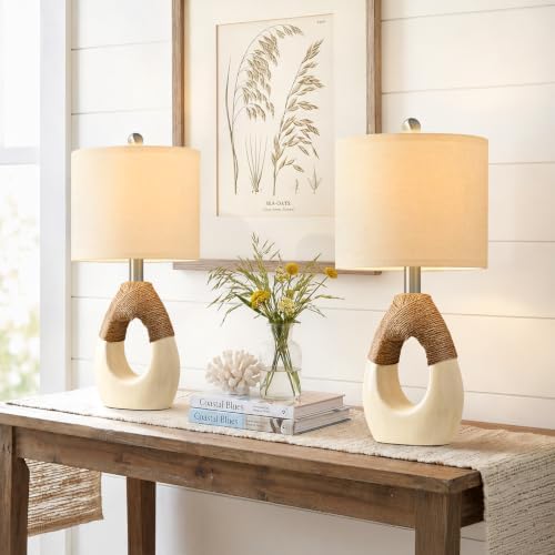 OYEARS 19'' Boho Small Table Lamps Set of 2 for Bedroom, Farmhouse Bedside Lamps with Rattan Rope for Living Room, Nightstand Lamps for Side End Table Sofa Entryway Home Decor, White and Beige