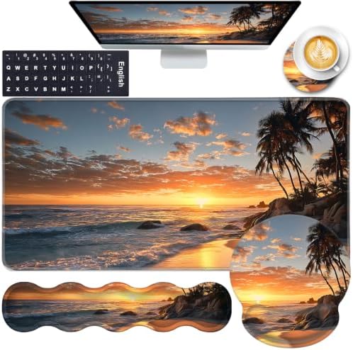 Mouse Pad,Large Pink Desk Mat, 4in1 XXL Mousepad + Keyboard Wrist Rest+Mouse Wrist Rest+Coaster Set with Ergonomic Desk Pad for Home Office Table Computer-Sunset Beach
