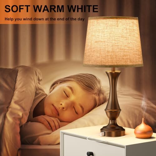 Touch Lamps for Nightstand, 3 Way Dimmable Lamps for Bedroom with USB C+A