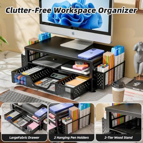 Simple Trending Desk Organizer and Accessories, Monitor Stand Riser, Black