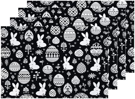 Shrahala Easter Eggs Rabbits Set of 4 12 X 18 Inch Linen Placemats, Black White with Eggs Rabbits Burlap Table Mat Washable Double Layered Heat Insulation for Indoor/Outdoor