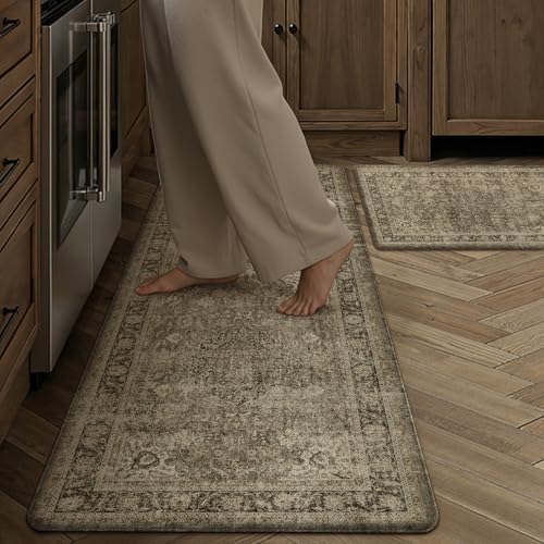 Anti Fatigue Brown Vintage Non-Slip Kitchen Mat 2 Piece