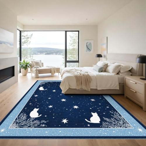 9'x12' Midnight Blue Cat Starry Design Washable Area Rug