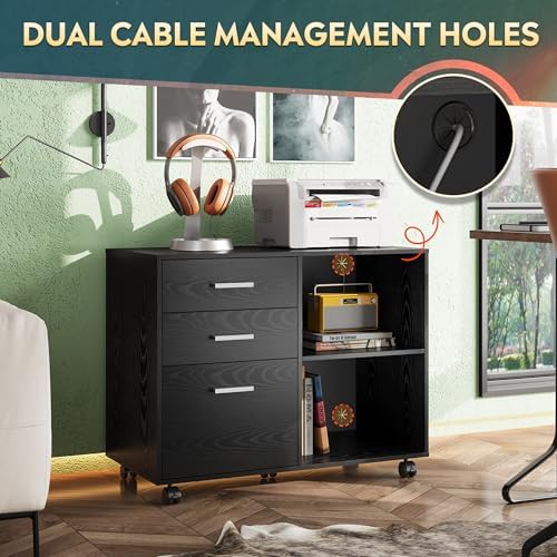 DEVAISE Wood File Cabinet, 3 Drawer Lateral Filing Cabinet Black