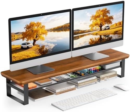 Dual Monitor Stand, 35.4 Inch Monitor Stand Riser for 2 Monitors, 2 Tiers Wood Desk Shelf with Storage, Desktop Organizer Stand for Computer, Laptop, Printer, TV