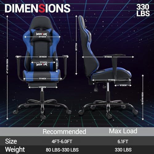 Gaming Chair with Footrest, Video Game Chair with Massage, PU Leather Computer Chair, Lumbar Support for Men Women, Home Office, Height Adjustable, Ergonomic High Back, Blue