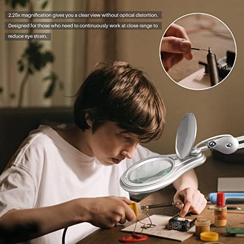 LED Magnifying Lamp with Clamp, 5 Inch Magnifier Glass Lens, Metal Swing Arm Dimming 1200 Lumens Lighted Magnifying Desk Lamp for Crafts, Bright 60PCS LEDs - 2.25X Magnification(Silver)