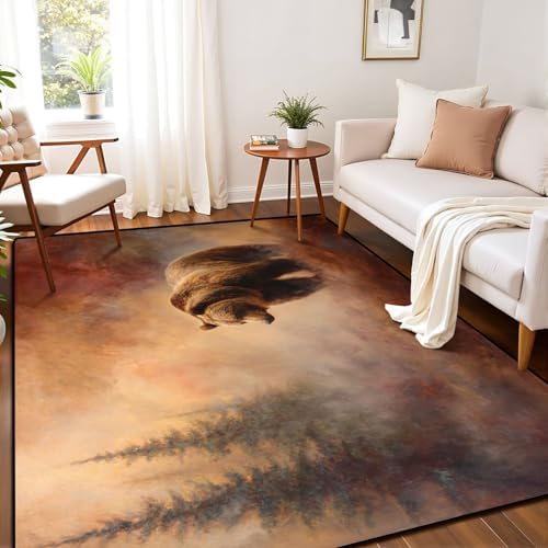 Serene Bear Among Pine Trees Ethereal Misty Landscape Area Rug Outdoor Patio Rug Play Mat Modern Floor Carpet Non-Slip Home Decor Living Room Kids Bedroom Nursery, 6x9 ft
