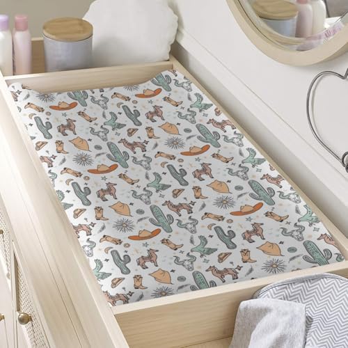 Western Cactus Horse Cow Skull Native Sun Moon Stars American Pattern Baby Changing Pad Cover, Unisex Western Nursery Diaper Changing Table Pad Mat Sheet for Boys Girls-16x32