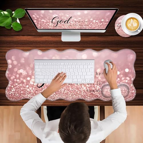 Mouse Pad with Wrist Support + Desk Mat + Coaster 3 in 1 Set, XL Large Gaming Mousepad Ergonomic Mouse Pads for Desk Computer Laptop Office,Rose Gold Glitter Quote Bible Verse Psalm 46-5
