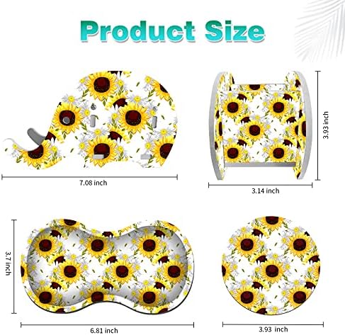 Cute Desk Accessories Set, Wooden Plastic Elephant Pen Pencil Holder Office Desk Decor Supplies Organizer, Multi-Function Phone Bracket Stand, Wrist Support Pad & Cup Coaster, Bright Sunflower