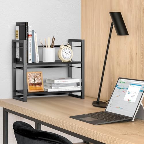 Office Desk Shelf Organizer, Wood Desktop Bookshelf Supplies Storage Rack, Shelf for Top of Desk and Dresser (Pure Black-2 Tier)