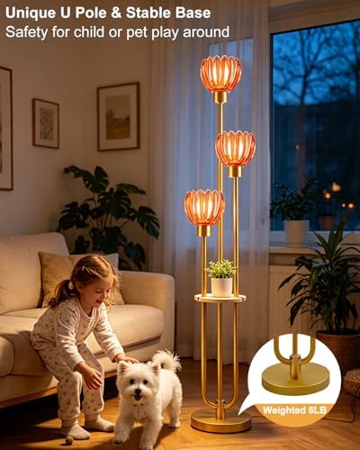 Lightdot Lotus Glass Floor Lamp with Shelf Red Flower Gold Floor Lamps