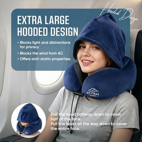 SkytraxComf® Travel Neck Pillow with Hood for Privacy on Long Flights