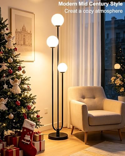 Lightdot 63IN Black Floor Lamp Dimmable with Mid Century Standing Lamps, 3000K Warm White Bulbs Included, Modern Globe Floor Lamp with 5Lbs Heavy Base for Living Room/Bedroom/Sofa Beside/Corner Decor
