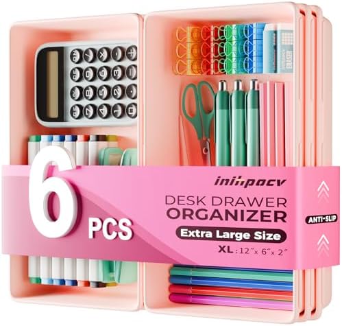 [6 PCS Extra-Large] Pink Drawer Organizer Trays with Non-Slip Pads, Interlocking Storage Bins for Vanity, Desk, Bathroom, Kitchen, Home Office and Utility Drawers