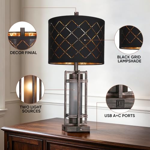WIHTU 27'' Modern Table Lamp with Nightlight, Metal Bedside Lamps,Black ORB