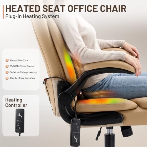Heated Office Chair, Reclining Desk Chair with Constant Warm Heat, Big and Tall Executive PU Leather Chairs for Heavy People, Ergonomic Wider & Thicker Seat Cushion Gaming Chairs (Khaki)
